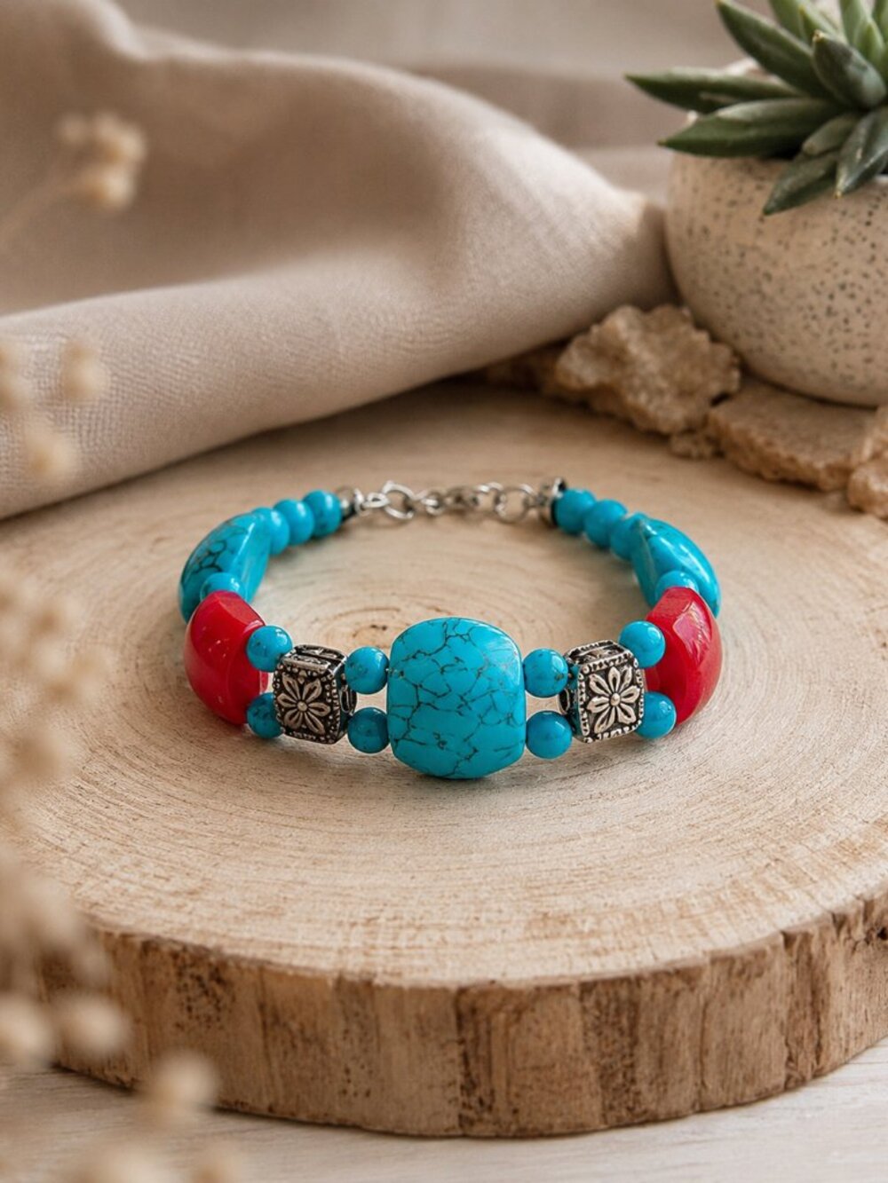 Boho Turquoise & Red Statement Bracelet | Southwestern Style